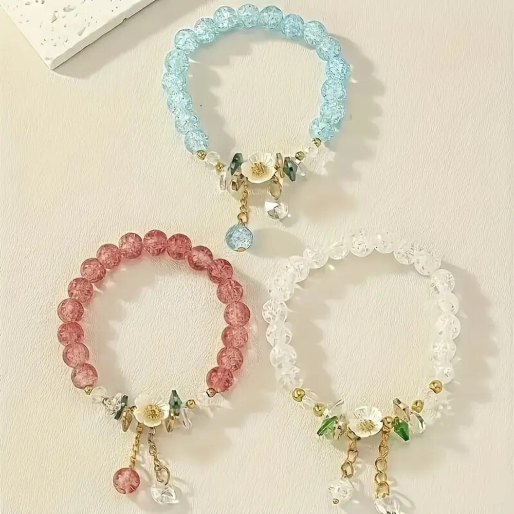 3pcs Boho-Chic Floral Beaded Bracelet Set, Mixed Color Glass Faux Crystal, Adjus